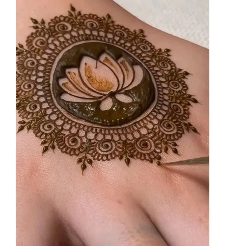 Heavy Aesthetic Back Hand Mehndi Design with Gol Tikki and Flowers