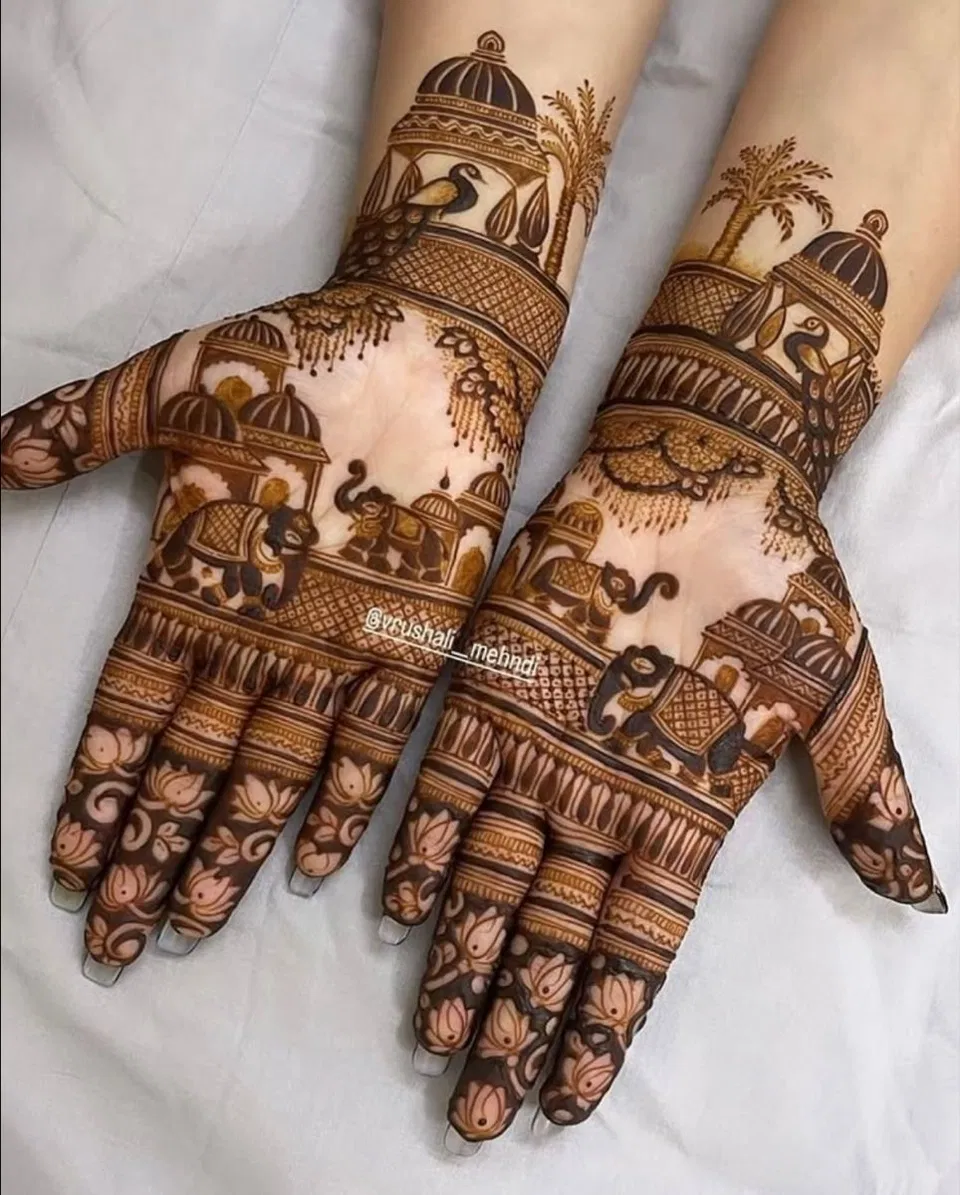 Bridal Stylish Front Hand Mehndi Design with Figures and Peacock for Engagement (5)