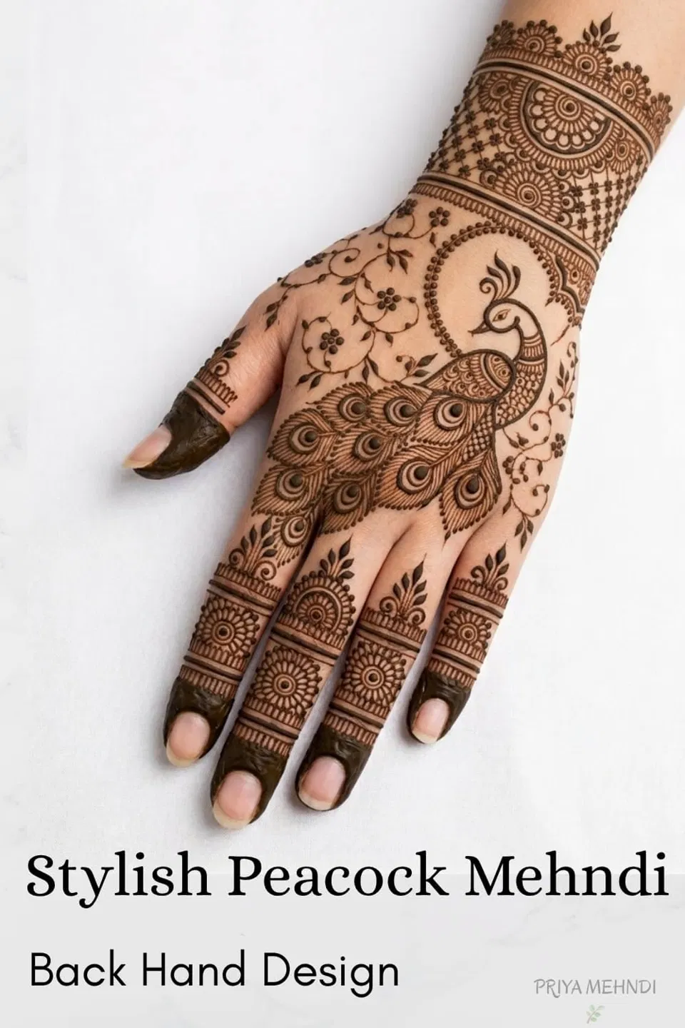 Simple Stylish Back Hand Mehndi Design with Peacock