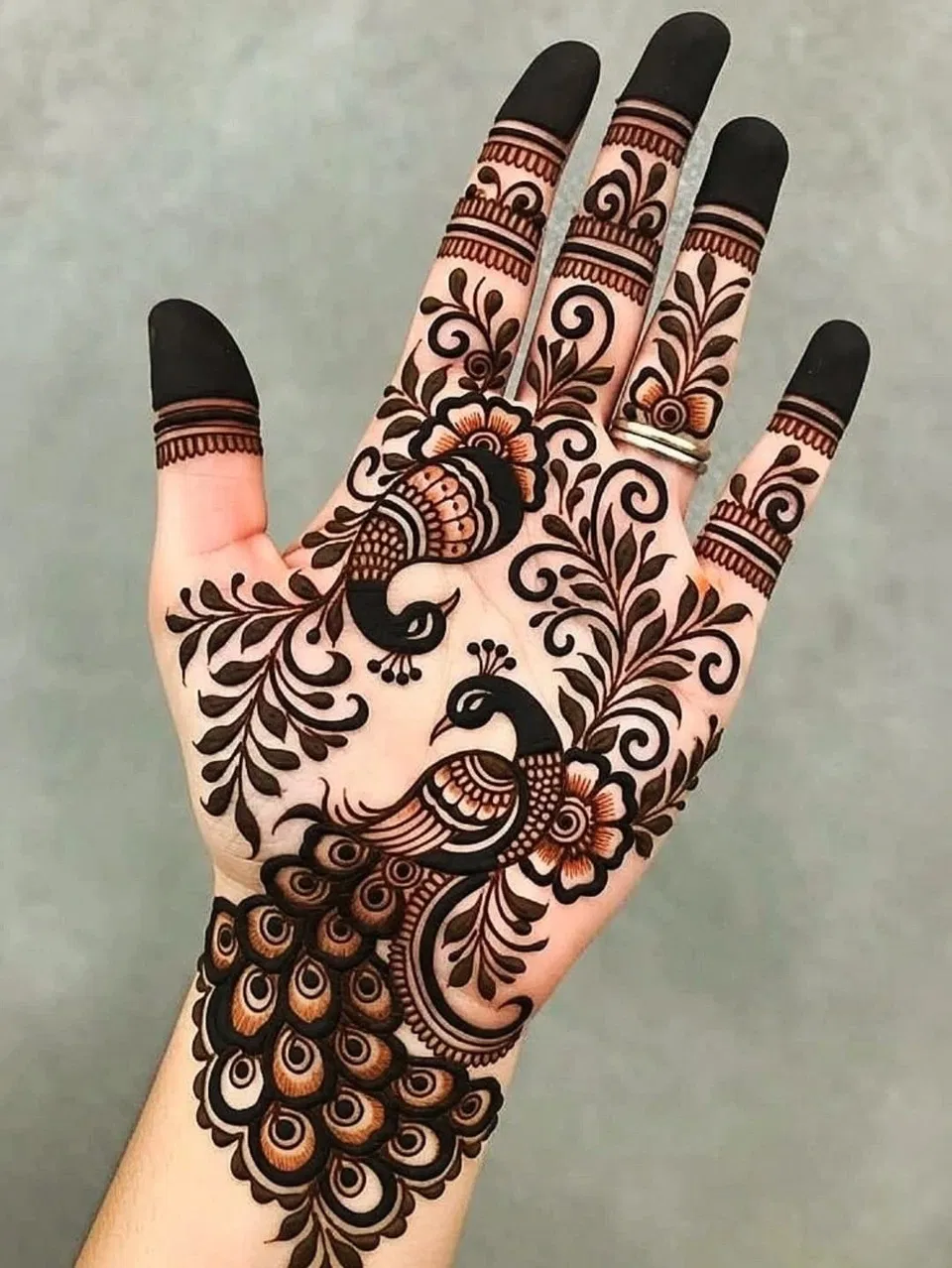 Arabic Bridal Finger Mehndi Design with Flowers, Jaal and Peacock