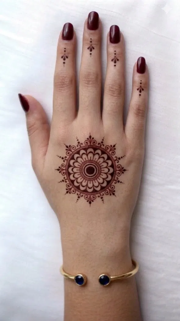 Aesthetic Simple Back Hand Mehndi Design with Gol Tikki and Peacock
