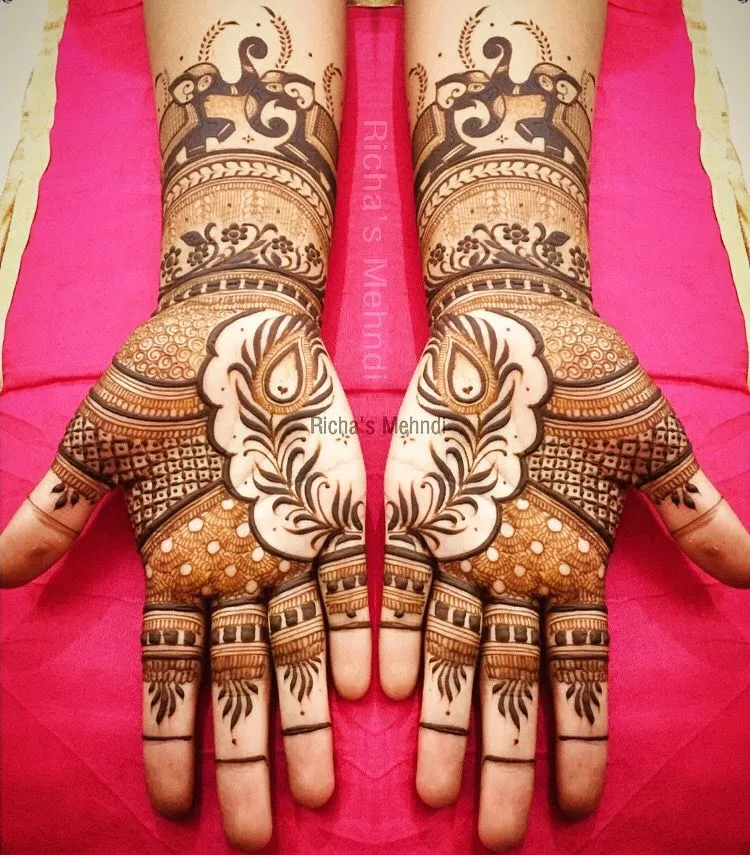 Back Hand Mehndi Design with Lotus and Peacock