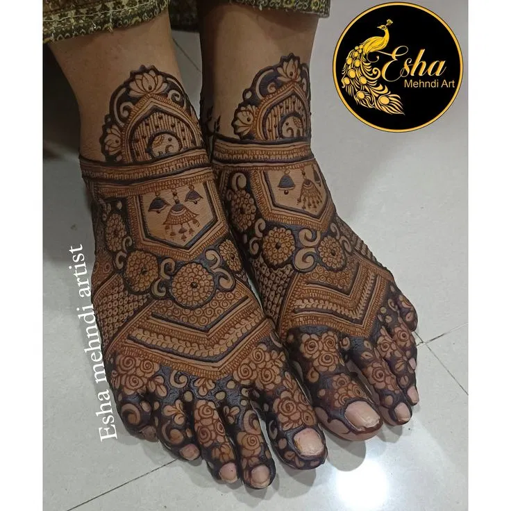 Bridal Indian Foot Mehndi Design with Deity and Figures for Engagement