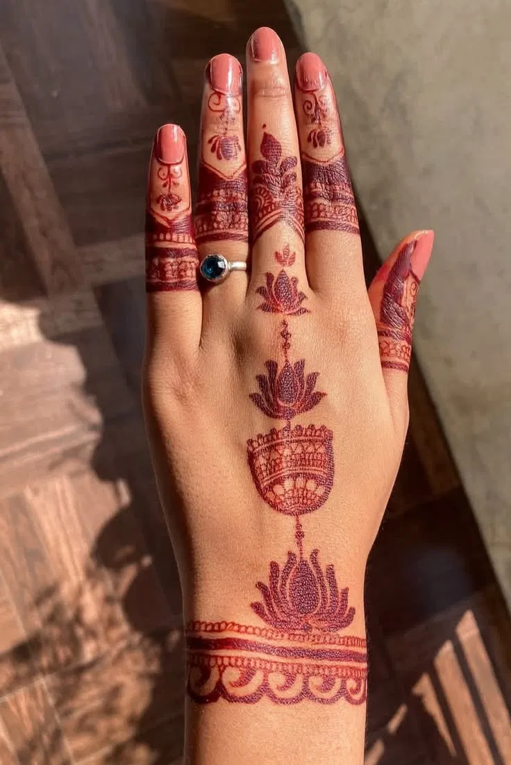 Aesthetic Simple Back Hand Mehndi Design with Lotus (4)