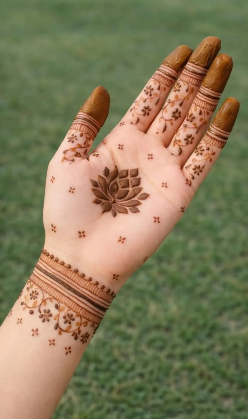 Aesthetic Simple Front Hand Mehndi Design with Figures and Lotus