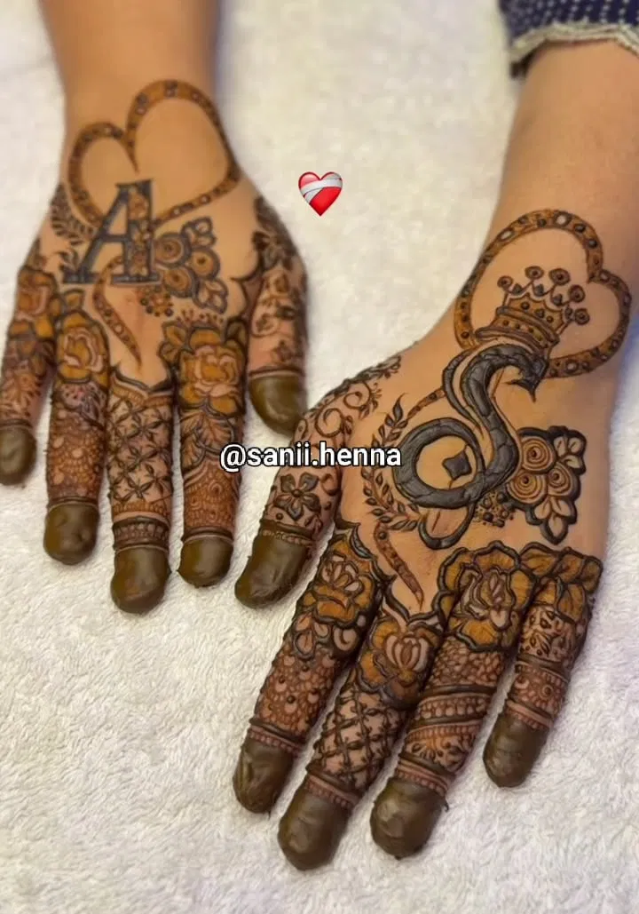 Bridal Simple Front Hand Mehndi Design with Figures, Flowers and Hearts