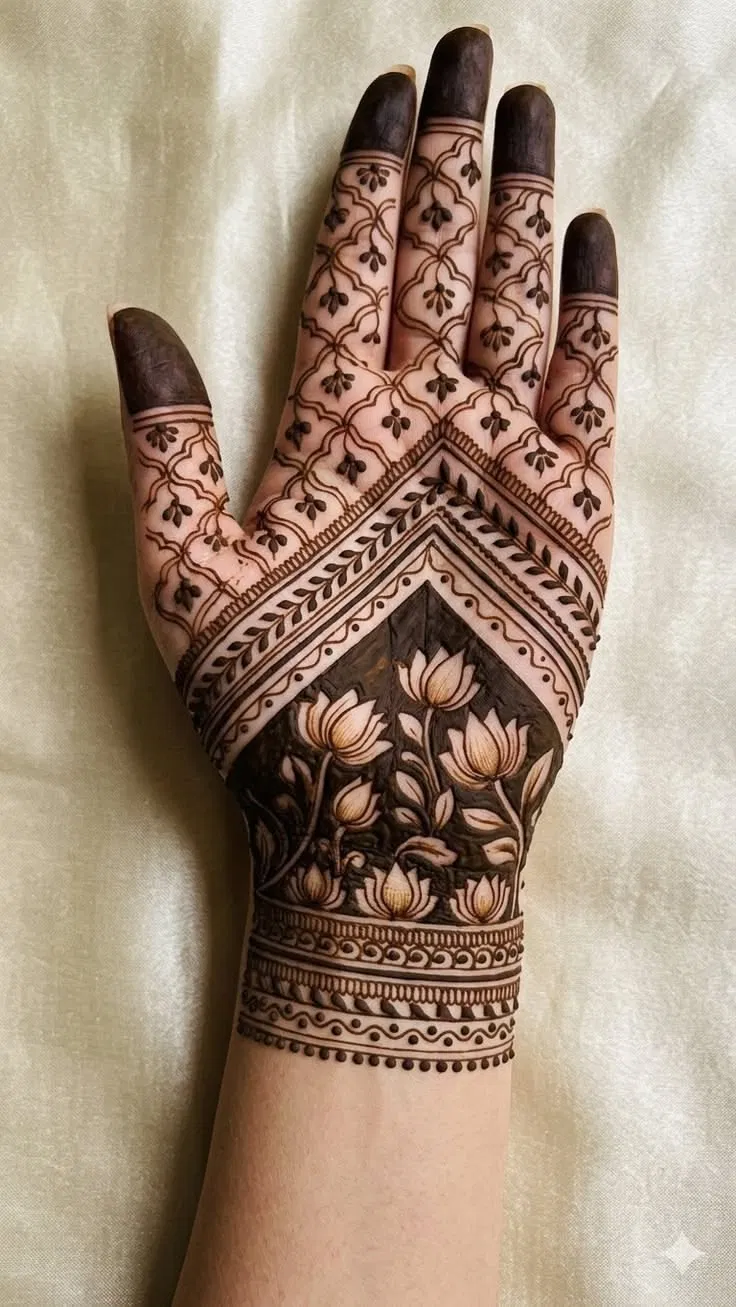 Bridal Indian Finger Mehndi Design with Flowers and Lotus