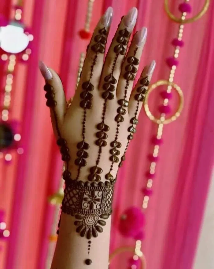 Aesthetic Arabic Front Hand Mehndi Design with Deity and Flowers for Teej