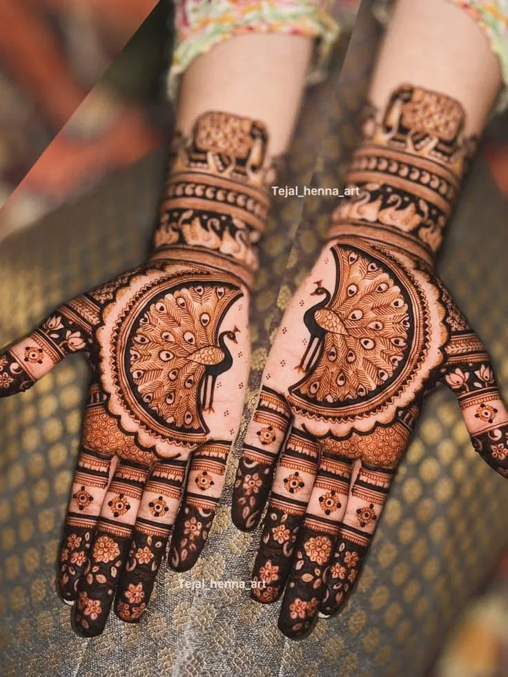 Stylish Full Hand Mehndi Design with Gol Tikki, Figures and Moon for Teej