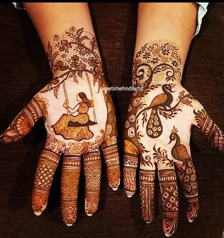Stylish Front Hand Mehndi Design with Figures and Peacock for Sawan (2)