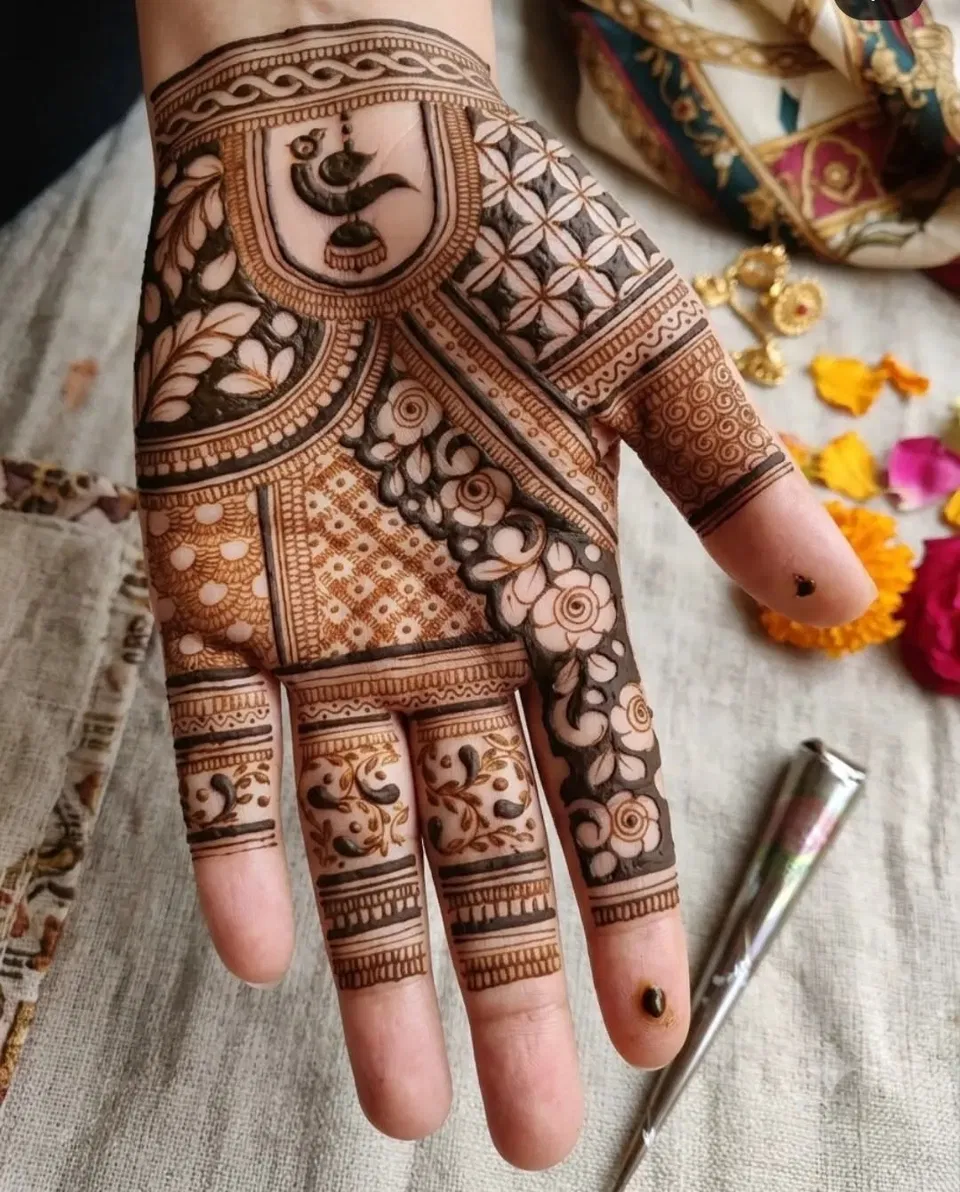 Indian Simple Full Hand Mehndi Design with Gol Tikki and Flowers