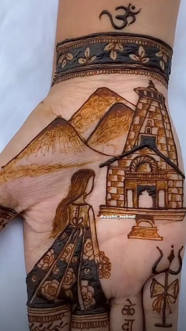 Bridal Stylish Finger Mehndi Design with Figures for Sawan