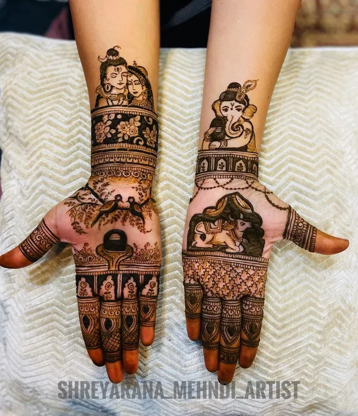 Bridal Stylish Back Hand Mehndi Design with Deity and Figures for Sawan (8)