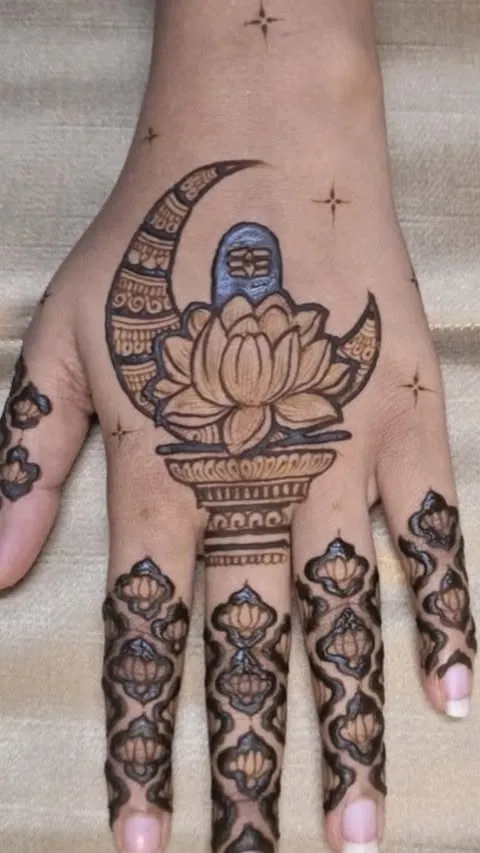 Back Hand Mehndi Design with Lotus and Moon