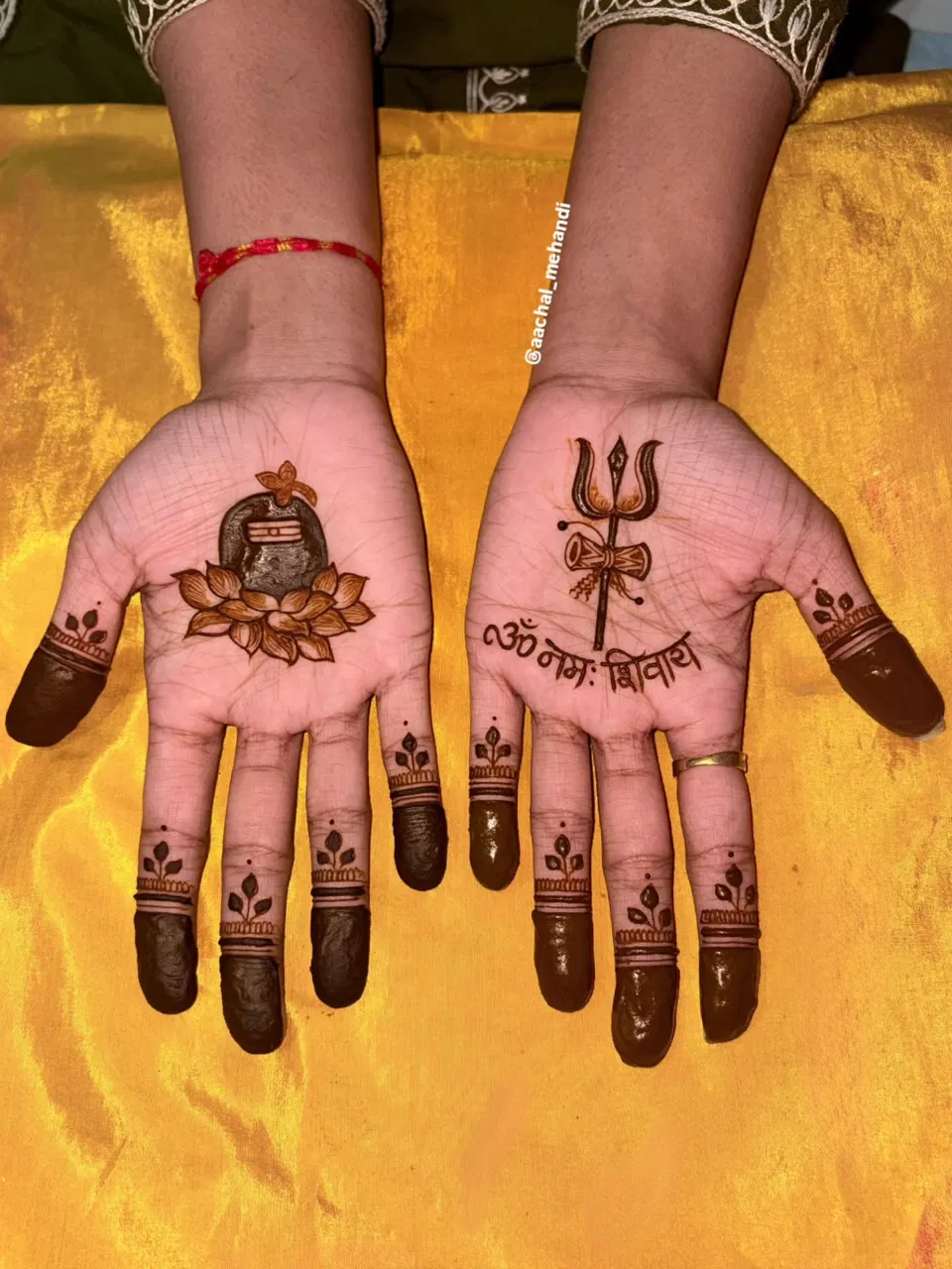Simple Front Hand Mehndi Design with Gol Tikki, Deity and Lotus for Sawan