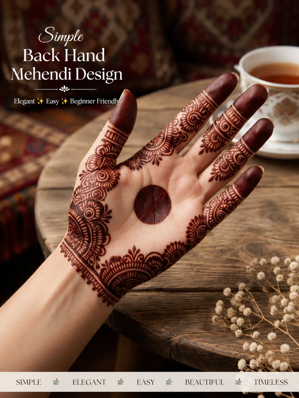 Arabic Simple Finger Mehndi Design with Gol Tikki and Flowers for Teej