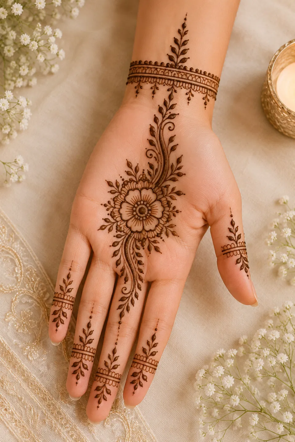 Indian Simple Front Hand Mehndi Design with Gol Tikki and Flowers