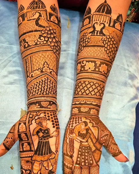 aesthetic bridal deity full hand mehndi design