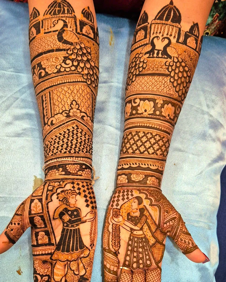 Aesthetic Bridal Full Hand Mehndi Design with Deity, Figures and Hidden Name