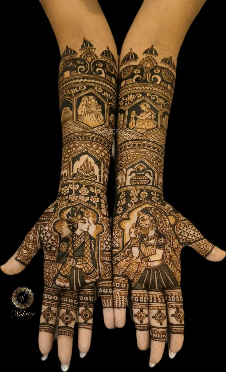 Aesthetic Bridal Front Hand Mehndi Design with Figures and Peacock