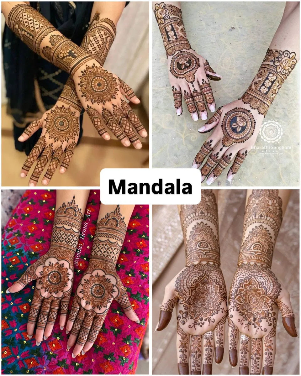 Aesthetic Bridal Mehndi Design with Gol Tikki and Figures