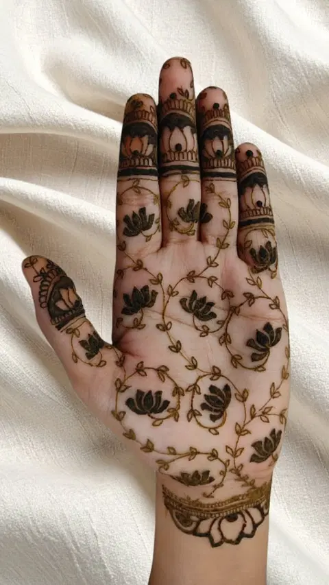 aesthetic bridal bel front hand mehndi design