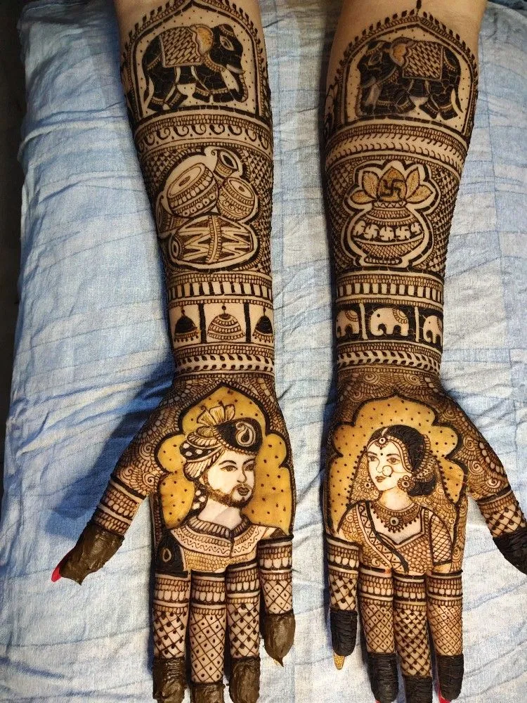 Bridal Indian Full Hand Mehndi Design with Deity and Figures for Engagement (2)