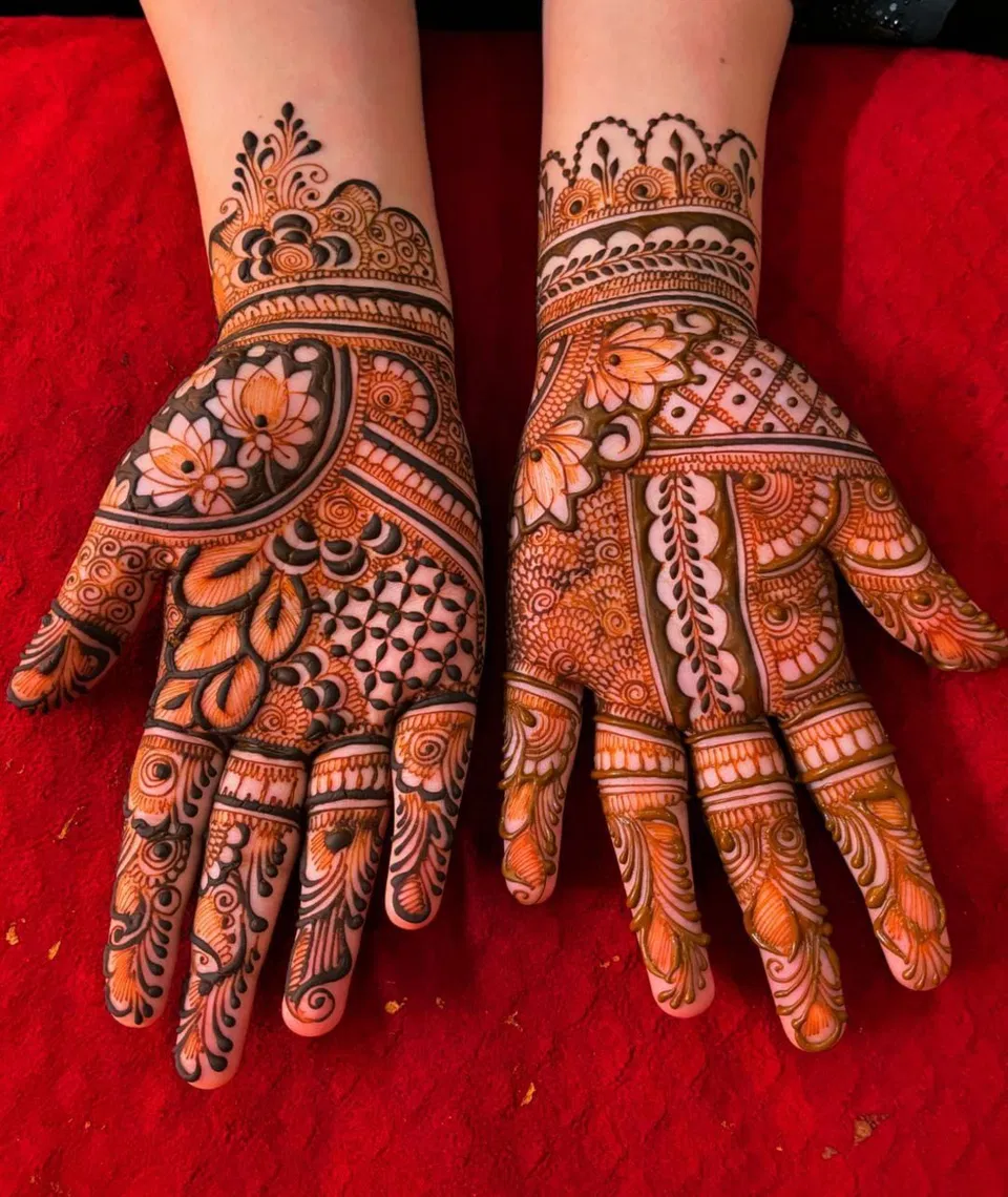 Bridal Front Hand Mehndi Design with Gol Tikki and Figures