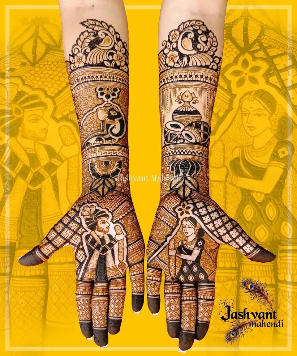 Bridal Full Hand Mehndi Design with Deity, Figures and Hidden Name