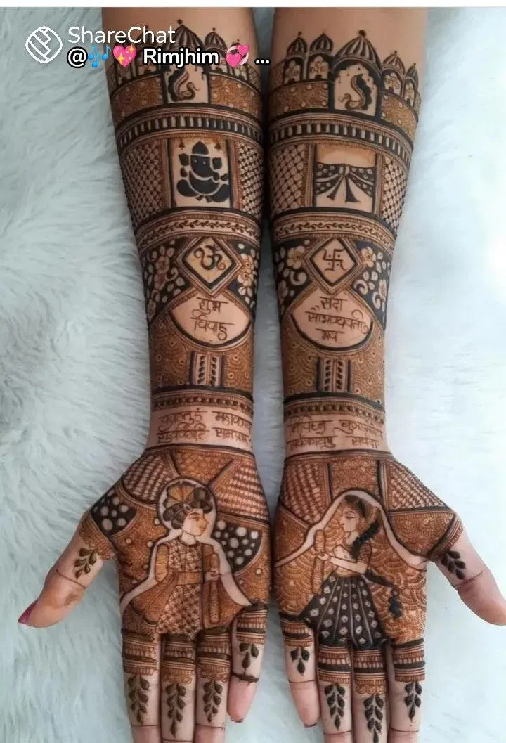 Bridal Full Hand Mehndi Design with Deity, Figures and Hearts (4)