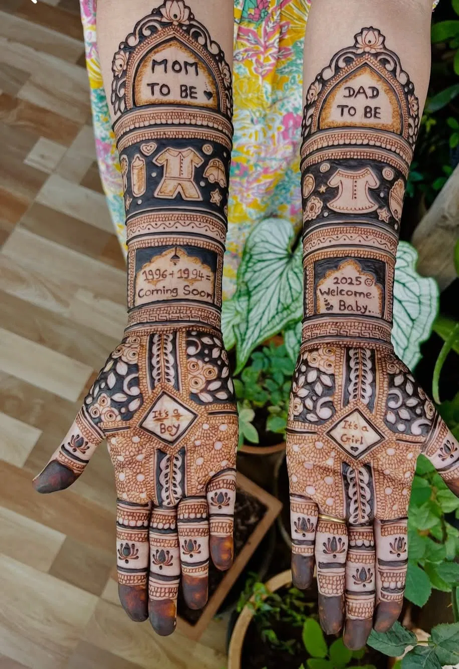 Bridal Stylish Front Hand Mehndi Design with Gol Tikki, Deity and Figures for Baby Shower (2)