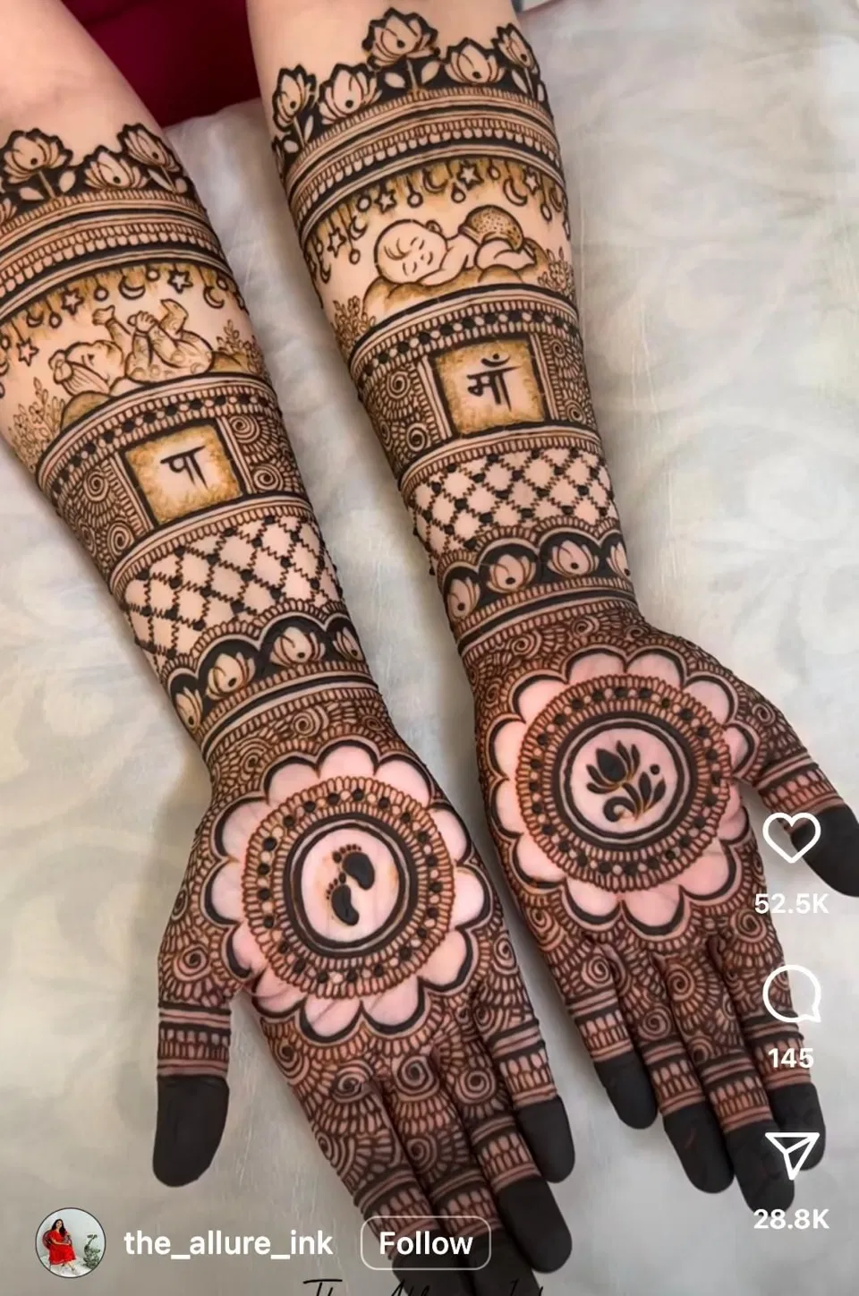Bridal Front Hand Mehndi Design with Figures, Hearts and Lotus for Baby Shower