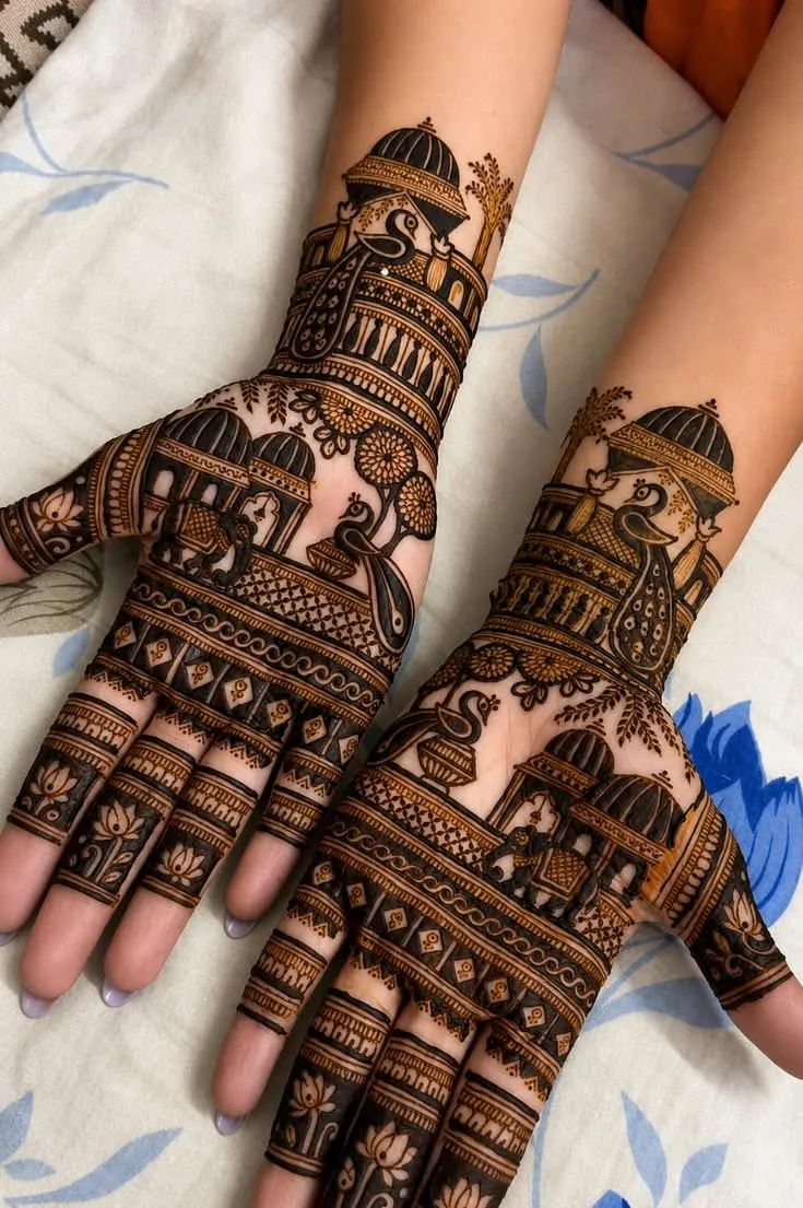 Bridal Indian Front Hand Mehndi Design with Figures and Peacock