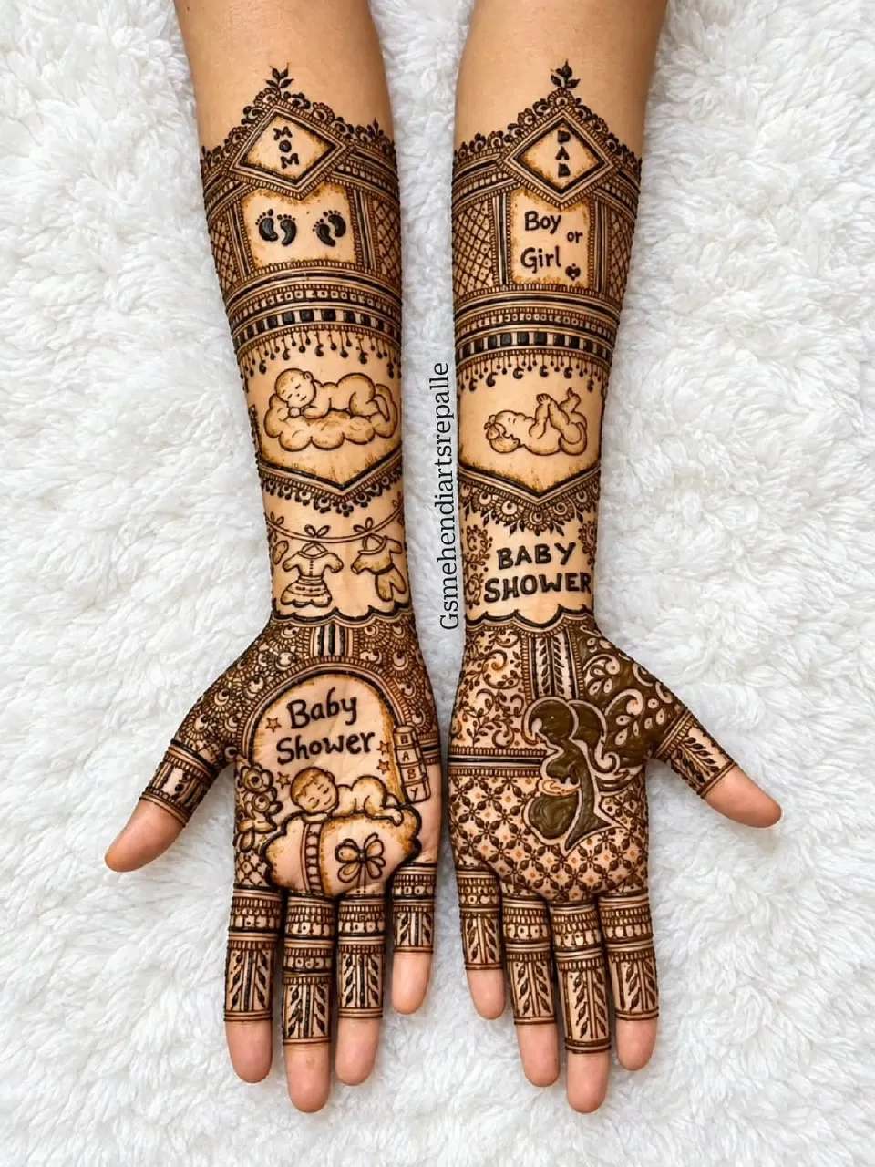 Arabic Front Hand Mehndi Design with Figures for Baby Shower