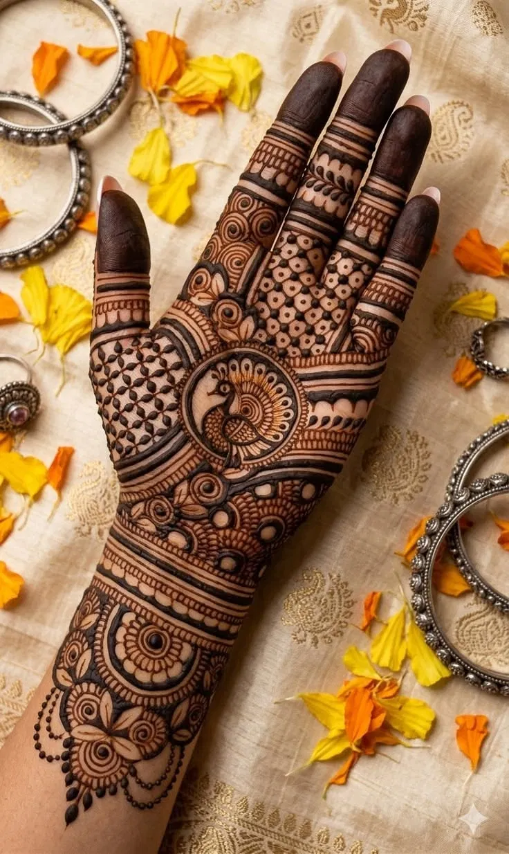 Arabic Bridal Back Hand Mehndi Design with Gol Tikki and Flowers for Teej (7)