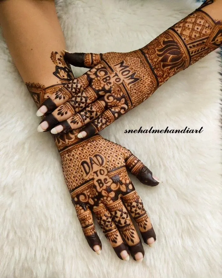 Bridal Back Hand Mehndi Design with Deity and Figures for Baby Shower