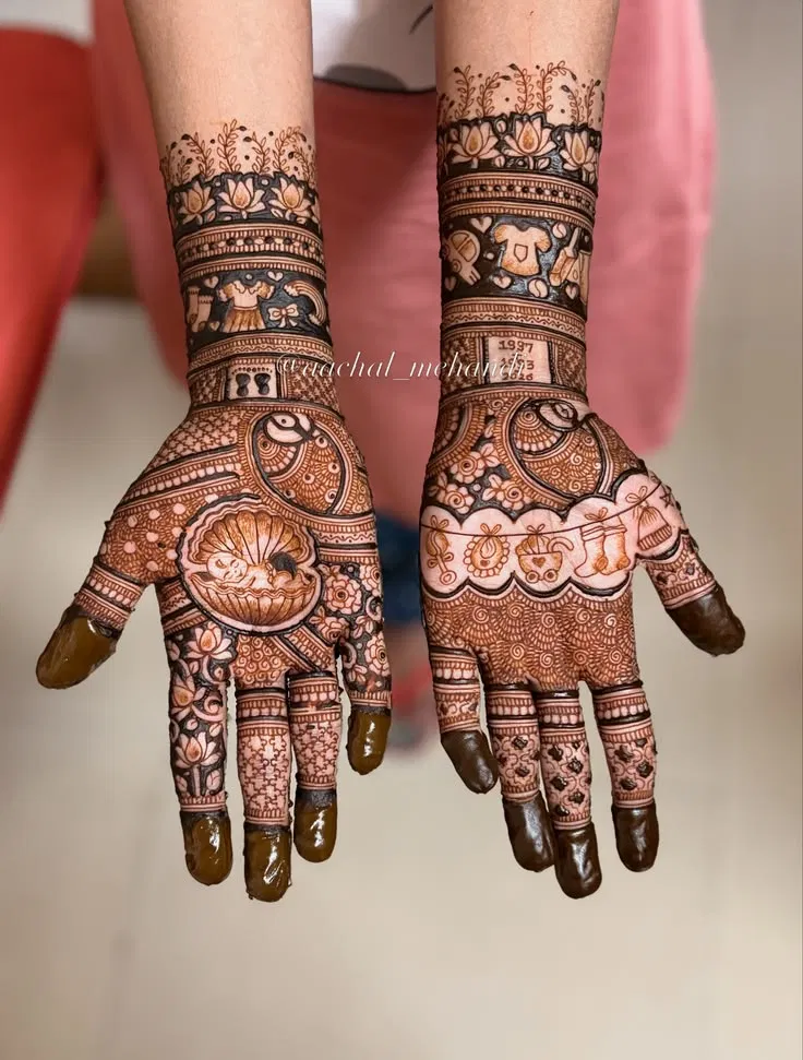 Bridal Stylish Front Hand Mehndi Design with Figures for Baby Shower