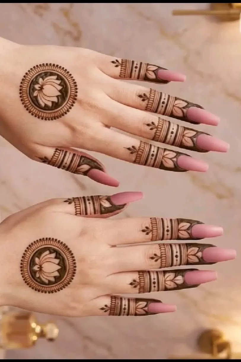 Aesthetic Minimal Back Hand Mehndi Design with Gol Tikki, Jaal and Lotus (5)