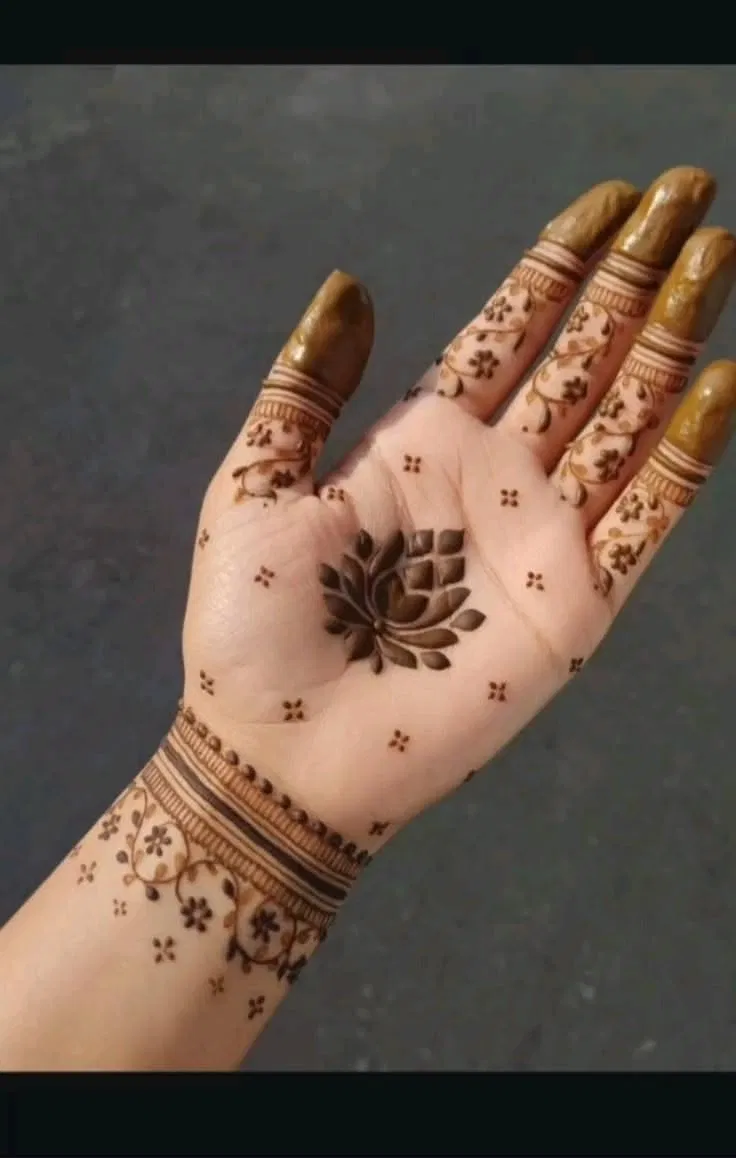 Aesthetic Minimal Front Hand Mehndi Design with Gol Tikki, Flowers and Jaal (4)