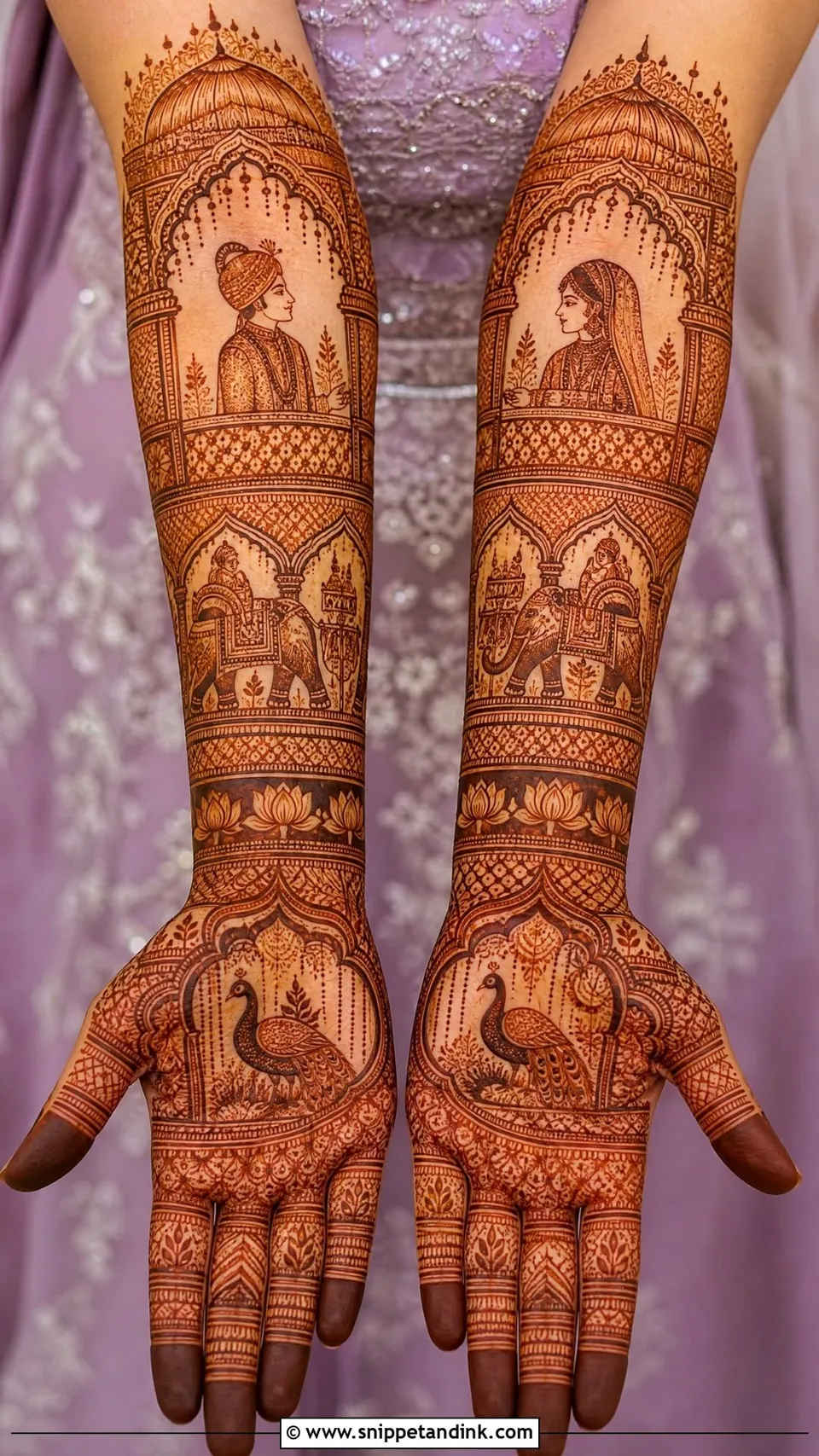 Aesthetic Arabic Full Hand Mehndi Design with Figures and Peacock