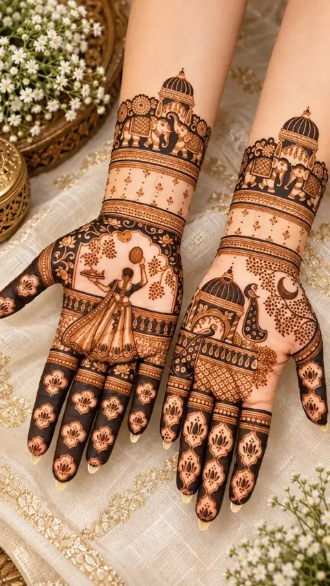 bridal stylish figure back hand mehndi design