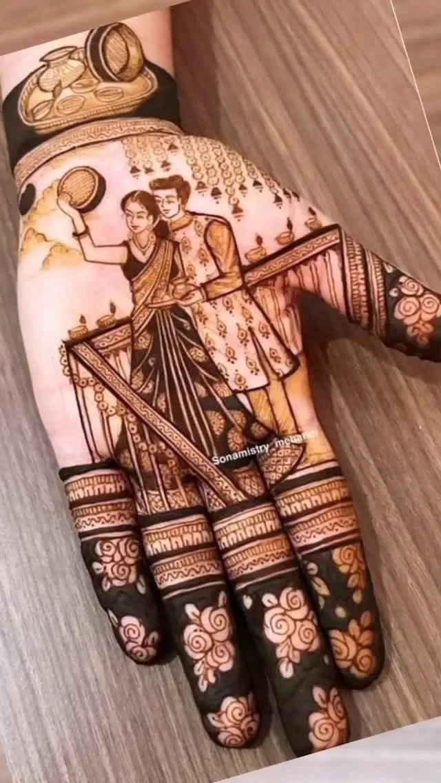 Aesthetic Bridal Back Hand Mehndi Design with Figures for Karwa Chauth (4)