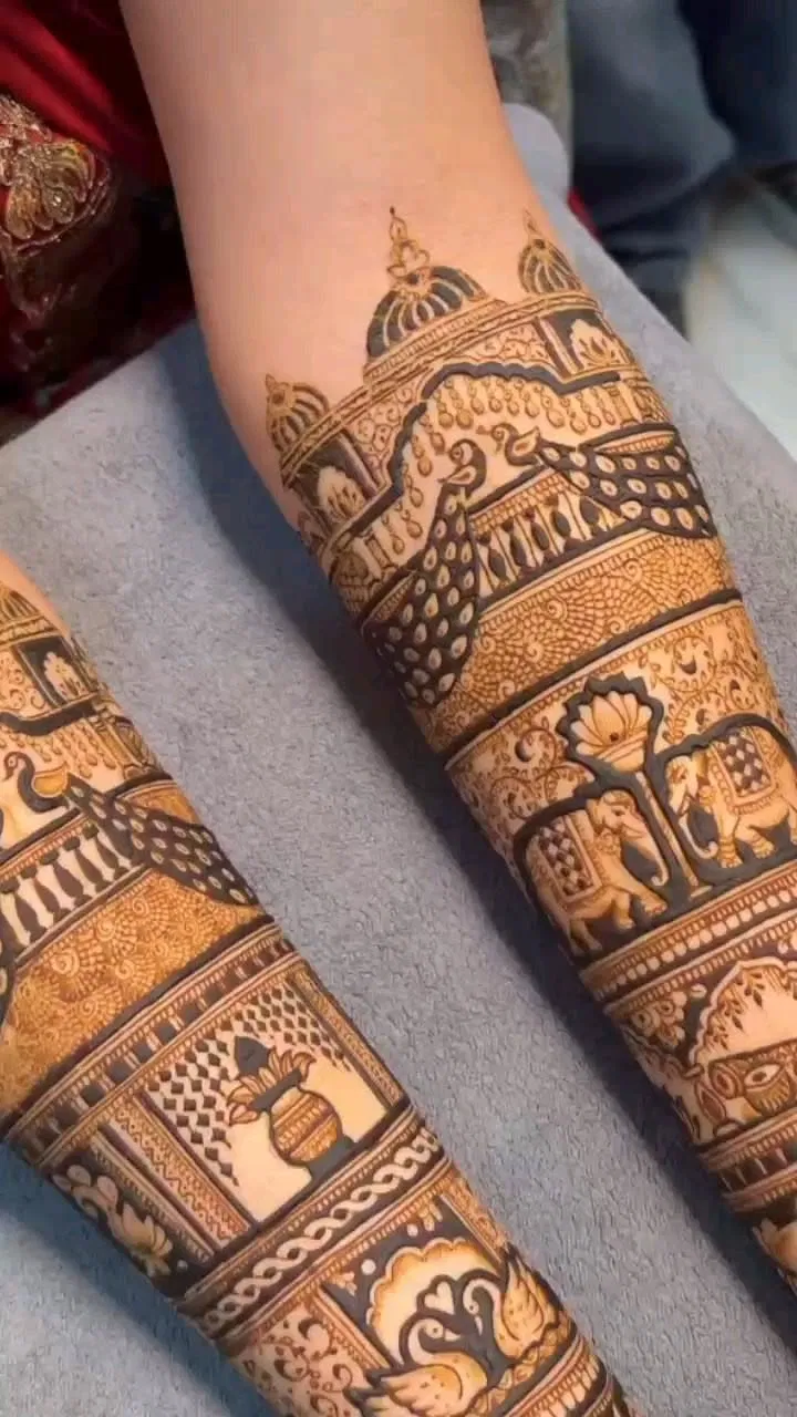 Bridal Stylish Full Hand Mehndi Design with Figures and Peacock for Karwa Chauth (4)