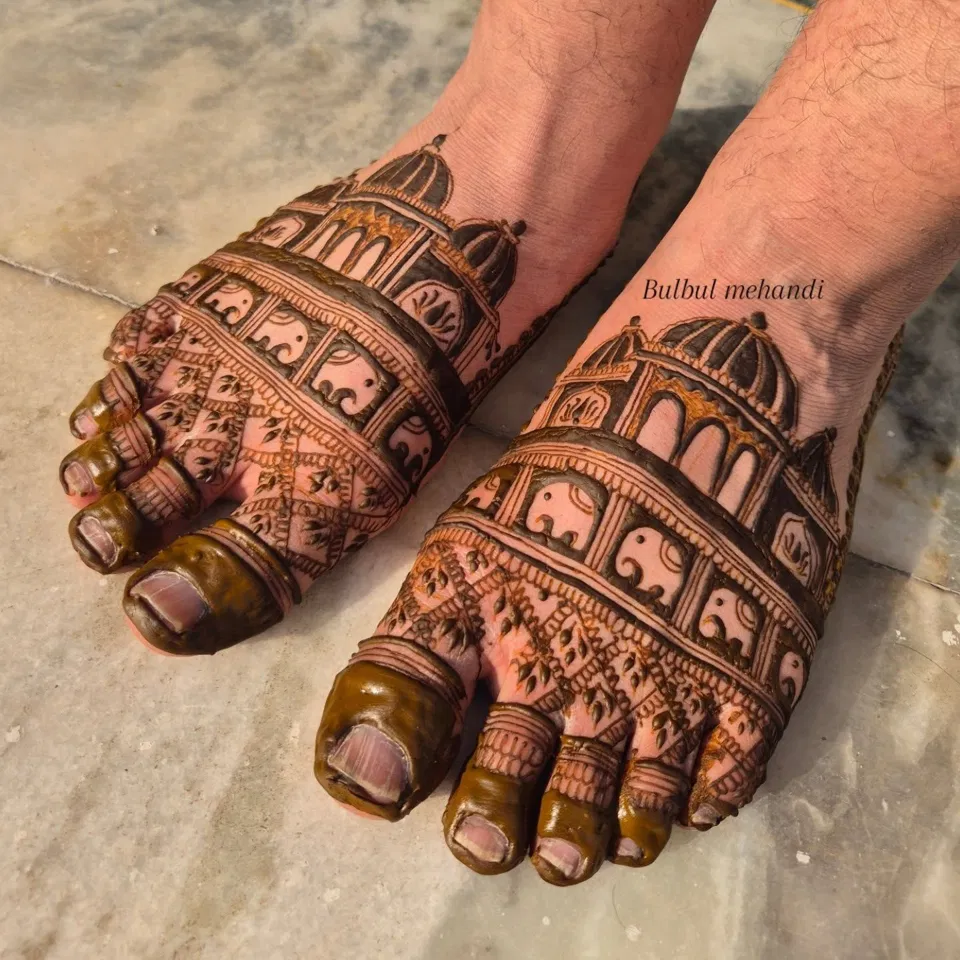 Bridal Royal Foot Mehndi Design with Deity and Figures