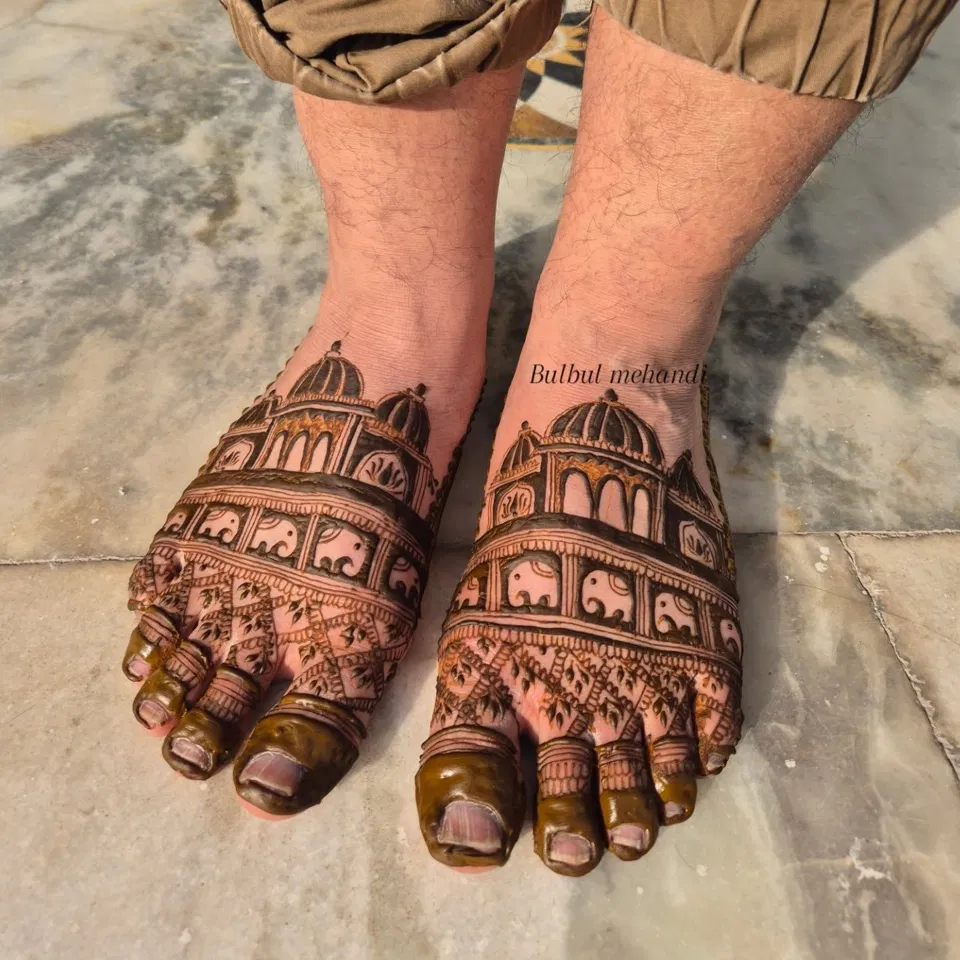 Royal Back Hand Mehndi Design with Deity and Figures