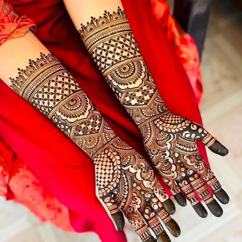 Bridal Royal Arm Mehndi Design with Deity and Hearts