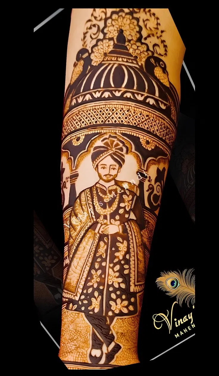 Royal Arm Mehndi Design with Deity and Figures