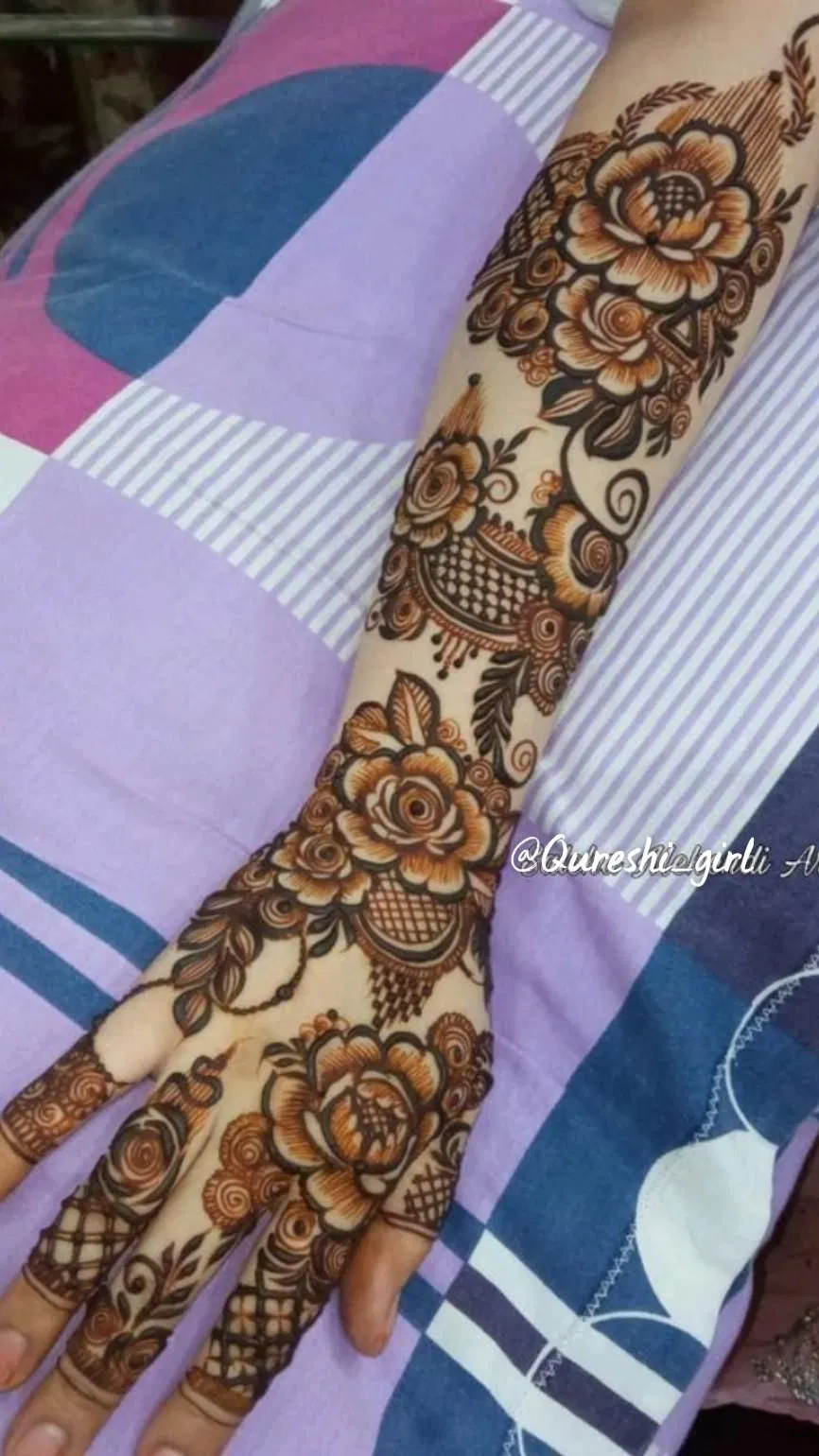 Aesthetic Arabic Arm Mehndi Design with Flowers and Jaal