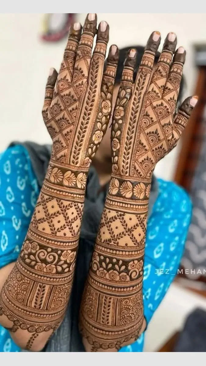Aesthetic Bridal Finger Mehndi Design with Figures