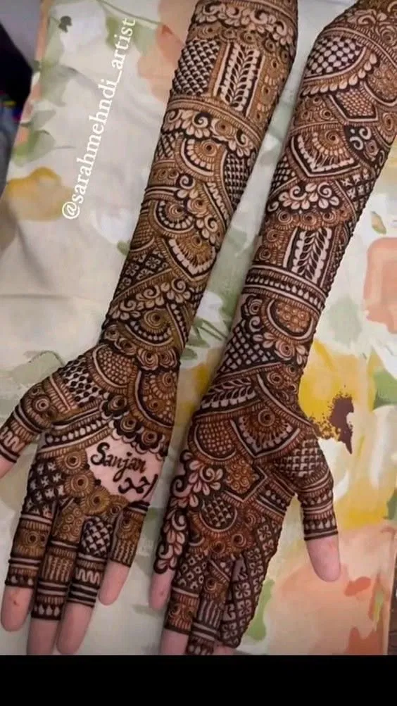 Arabic Bridal Front Hand Mehndi Design with Figures and Hearts